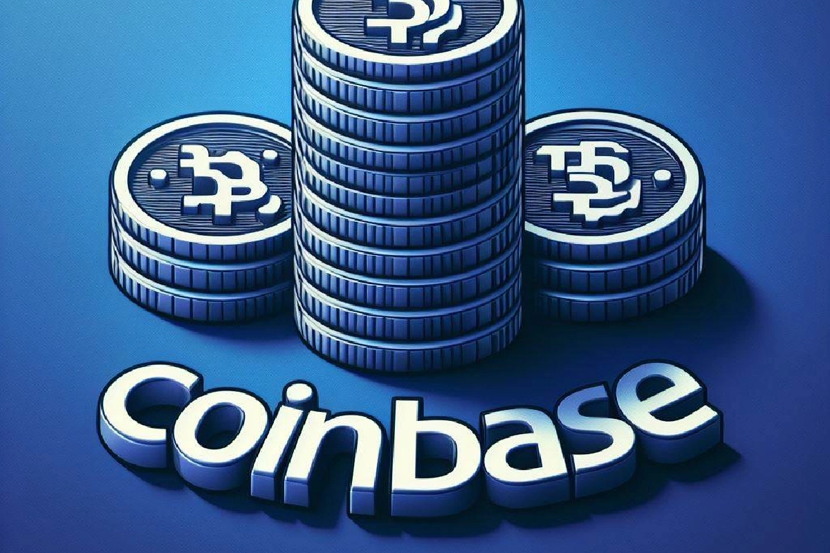 Coinbase con y criptomonedas en fondo azul. (Imagen creada por la IA para la realización de este artículo).