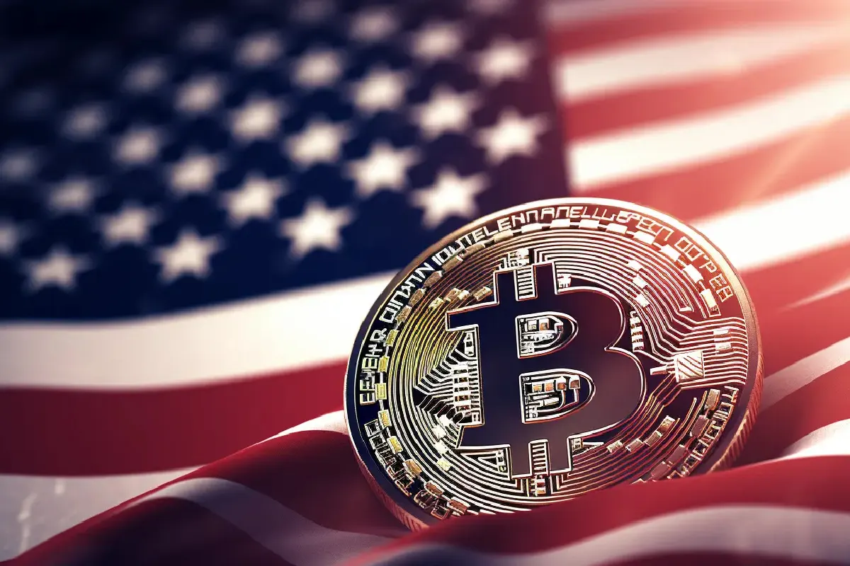 Moneda de Bitcoin con bandera de USA de fondo