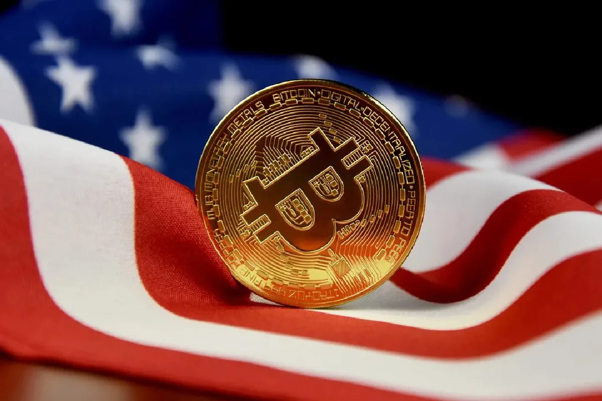 Bitcoin y bandera de los estados unidos de América