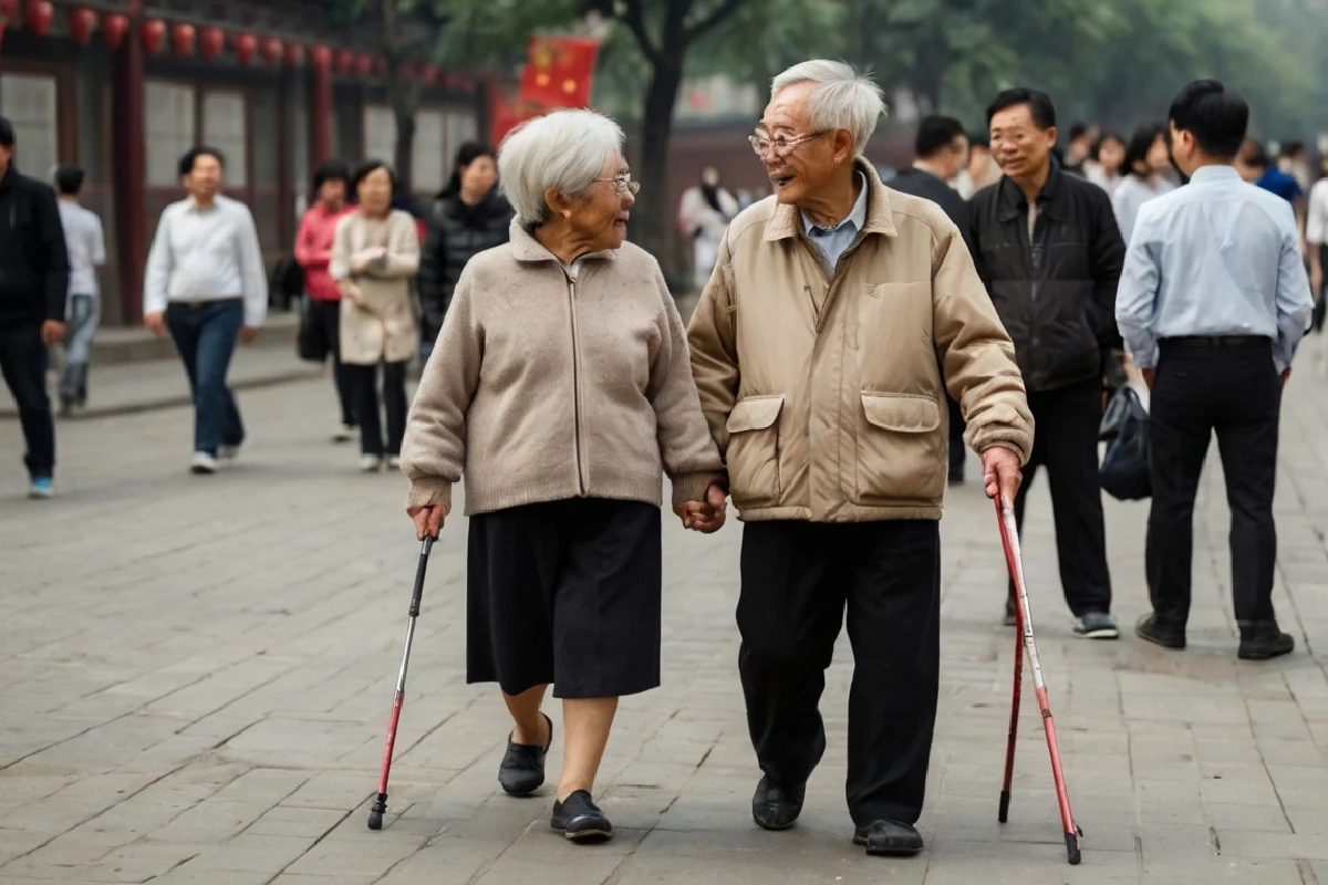 pareja de ancianos chinos caminando por la calle
