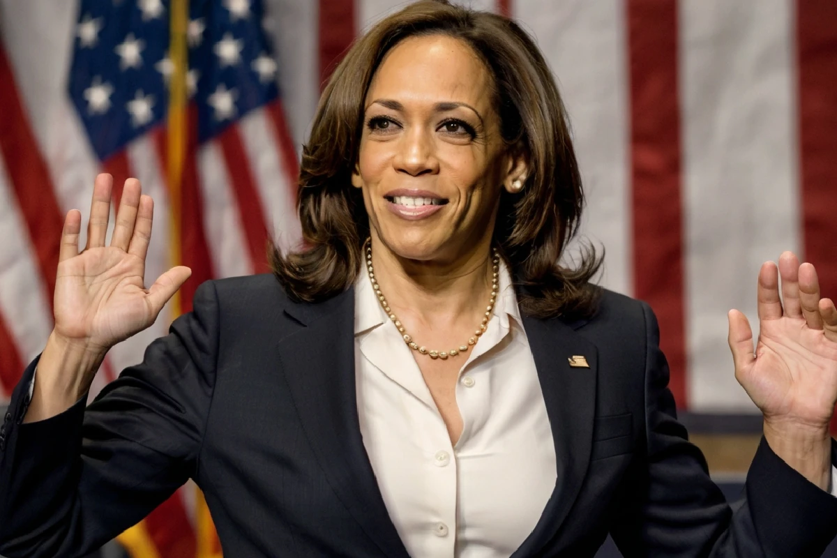 Kamala Harris con bandera de Estados Unidos de fondo