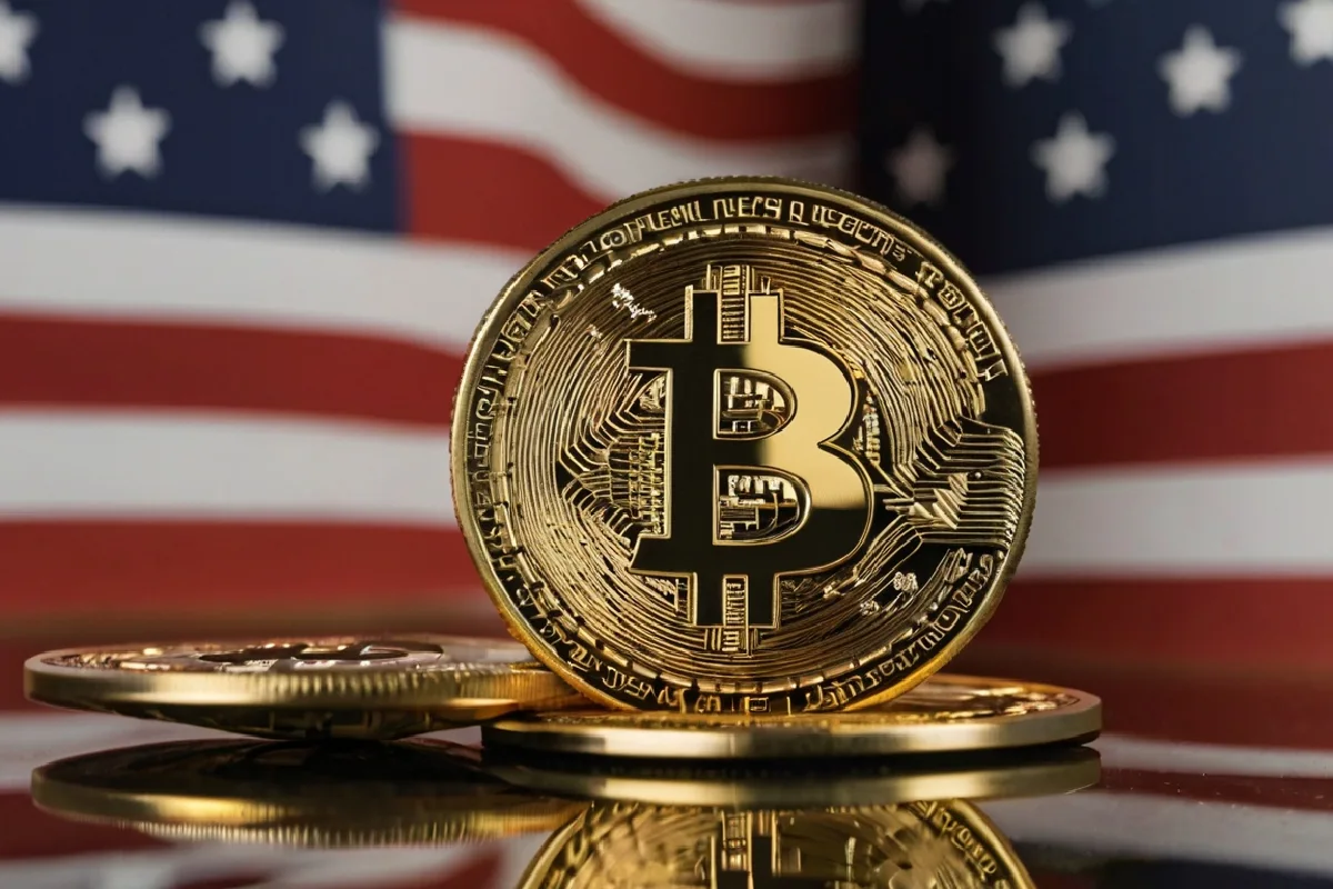 Bitcoin y bandera de Estados Unidos de fondo