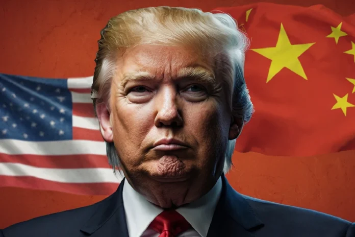 Donald Trump con bandera de estados unidos y bandera de china de fondo
