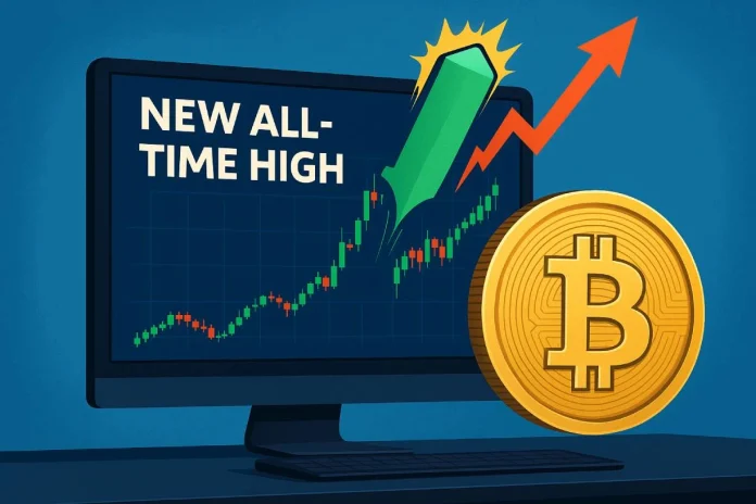 Bitcoin alcanzando nuevo máximo histórico.